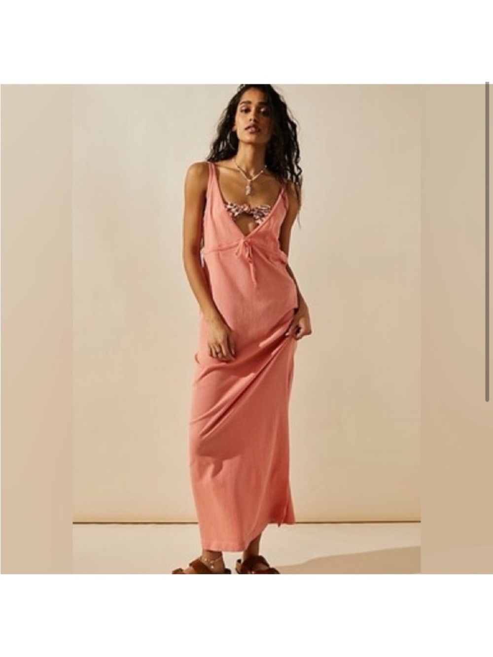 Free people essential tank tie front maxi dress in strawberry colada orange